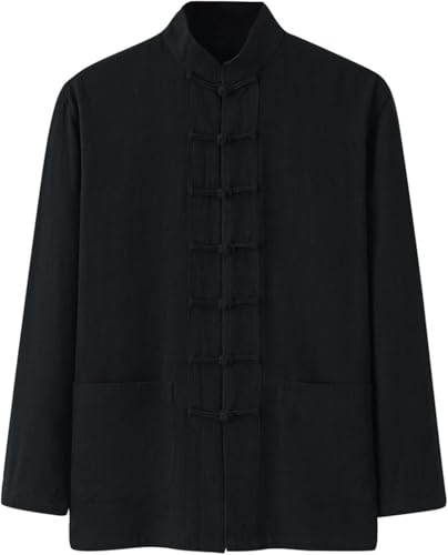 FENXIXIONE Traditionell Langärmelig Tang Kung Fu Uniform Herren Hemd Leinen Bluse Retro Mandarin-Kragen Knopf Oberteile (L,Schwarz) von FENXIXIONE