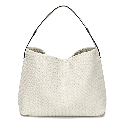 Gewebte Leder-Tragetasche für Damen, Umhängetasche, große Handtaschen, Hobo-Tasche, Weiss/opulenter Garten von FEOFFS