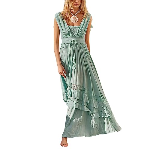 FEORJGP Damen-Sommerkleid, Boho-Stil, tiefer Schnitt, rückenfrei, figurbetontes Midikleid, E Green 2, Klein von FEORJGP