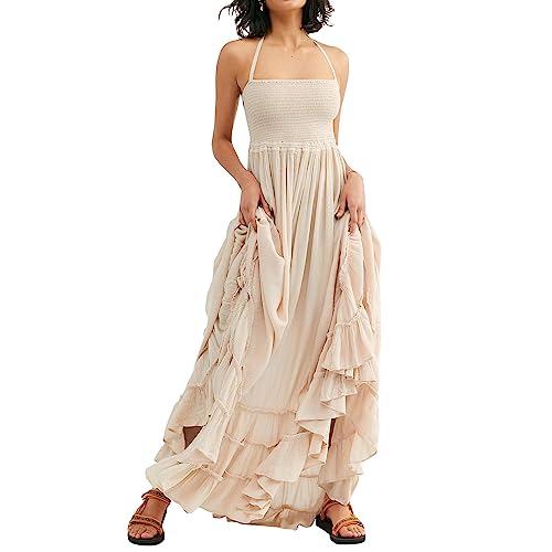 FEORJGP Damen-Sommerkleid, Boho-Stil, tiefer Schnitt, rückenfrei, figurbetontes Midikleid, G Aprikose Kleid, Klein von FEORJGP