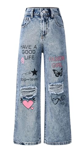 Cargohose Mädchen Jeans Hip Hop Locker Streetwear Schlupfjeans Multi Taschen Teenager Gerades Bein Denim Hose 160 von FEOYA