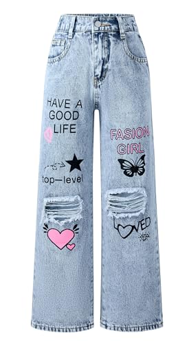 Cargohose Mädchen Jeans Hip Hop Locker Streetwear Schlupfjeans Multi Taschen Teenager Gerades Bein Denim Hose 160 von FEOYA