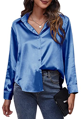 Damen Bluse Elegant Langarmshirt Oberteil Locker Hemd Shirts Satin Business M Blau von FEOYA