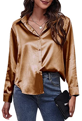 Damen Bluse Elegant Langarmshirt Oberteil Locker Hemd Shirts Satin Business M Braun von FEOYA