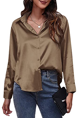 Damen Bluse Elegant Langarmshirt Oberteil Locker Hemd Shirts Satin Business M Dunkel Khaki von FEOYA