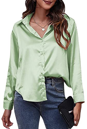 Damen Bluse Elegant Langarmshirt Oberteil Locker Hemd Shirts Satin Business M Hellgrün von FEOYA