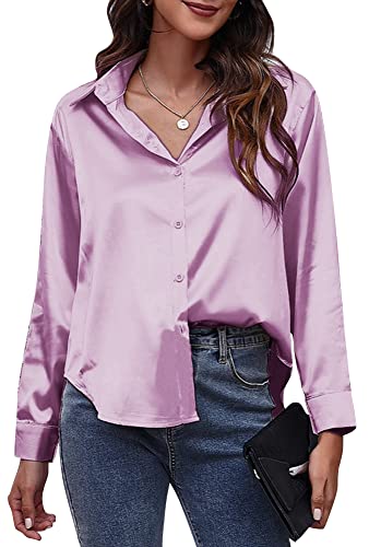 Damen Bluse Elegant Langarmshirt Oberteil Locker Hemd Shirts Satin Business M Lila von FEOYA