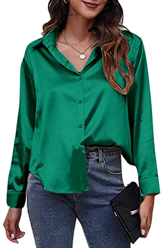 Damen Bluse Elegant Langarmshirt Oberteil Locker Hemd Shirts Satin Business XXL Grün von FEOYA