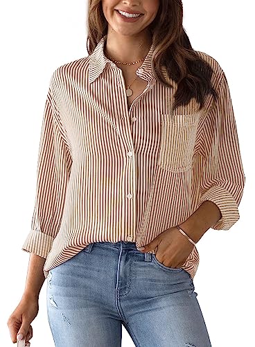 Damen Bluse Gestreift Große Größen Tunika Casual Basic Shirt Oberteil Langarm Hemd L Khaki von FEOYA