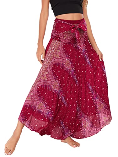 Damen Boho Lang Rock Weicher Dehnbarer Sommerrock Maxirock Rock Damen Midi Langer Röcke Skirt Falten Boho A-Linie Polka Casual mädchen Strandrock von FEOYA