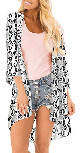 Damen Chiffon Kimono Cardigan Bikini Outwear Sonnenschutz Strand Blumendruck 3/4 Ärmel Bademode Frauen Blumenmuster Elegangte Strickjacke Casual Beachwear Strandbluse-Schlangenmuster-Größe 3XL von FEOYA