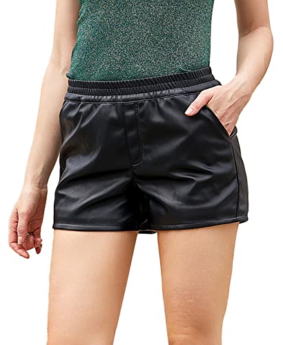 Damen Elastisch Leder Shorts High Waist Solide Sexy Rollsaum Kurze Lederhose PU Lederoptik mit Taschen - 3XL von FEOYA