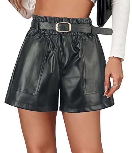 Damen Elastisch Leder Shorts High Waist Solide Sexy Rollsaum Kurze Lederhose PU Lederoptik mit Taschen - XS von FEOYA