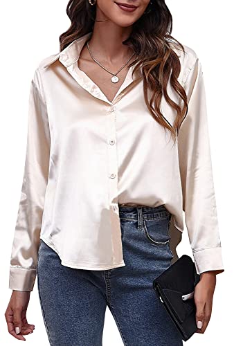 Damen Elegant Langarm Bluse Arbeitsoberteil V-Ausschnitt Oberteile Casual Office Loose Fit Hemd Langarmshirt L Champagner von FEOYA