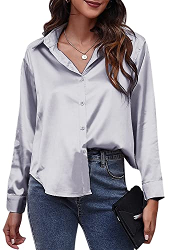 Damen Elegant Langarm Bluse Arbeitsoberteil V-Ausschnitt Oberteile Casual Office Loose Fit Hemd Langarmshirt L Grau von FEOYA