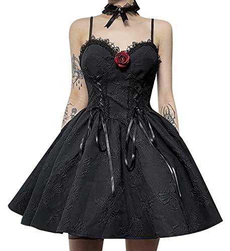 Damen Gothic Goth Dress Stil Kleid Schwarz Lange Bluse Mini-Kleid Kurze Party mit Trägern Spitze und Steampunk-Elementen - S von FEOYA