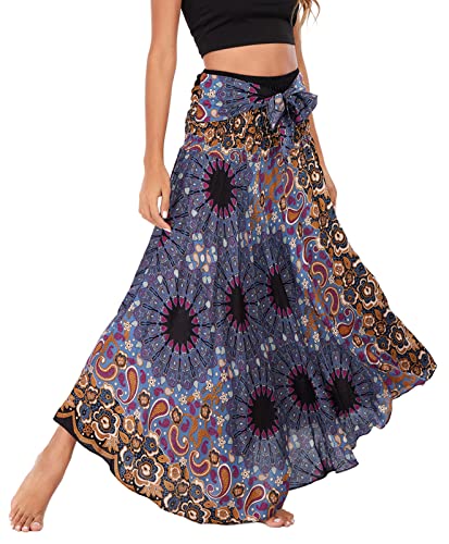 Damen Halter Kleid Blumen Boho Maxirock Strandkleider Lang Bedruckter Rock Elastisch Taille von FEOYA