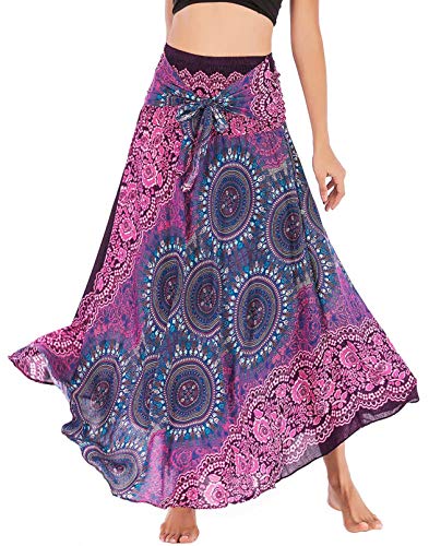 Damen Halter Kleid Blumen Boho Strandkleider Lang Bedruckter Rock Elastisch Taille Maxirock von FEOYA