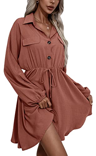 Damen Hemdkleid Elegant V-Ausschnitt Langarm Blusenkleid Herbst Tunika Kleider Einfarbig Freizeitkleid Knöpfen Hemdenkleid Mittlerer Rock Causal Strandkleider Rostrot M von FEOYA