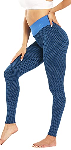 Damen Honeycomb Leggings Bauchkontrolle Strumpfhose Yogaleggings Sportleggings Sexy Booty Push Up Leggins Frauen Hohe Taille Yogahosen Kompressionleggings Fitness Yoga Pants-Blau-3XL von FEOYA