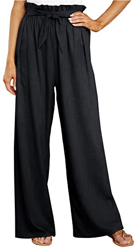 Damen Hose Weites Bein Ladies Modal Culotte Leinen Weite Hose für Frauen mit Elastischem Bund Sommerhosen Lang Hosenrock Palazzo Hose - M von FEOYA