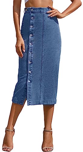 Amen Jeansrock Midi Long Jeans Rock Stretch Sommerrock Bleistiftrock mit Schlitz Pencil Skirt mit Knöpfen Denim Skirt Maxirock - M von FEOYA