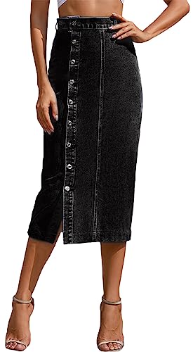 Amen Jeansrock Midi Long Jeans Rock Stretch Sommerrock Bleistiftrock mit Schlitz Pencil Skirt mit Knöpfen Denim Skirt Maxirock - M von FEOYA