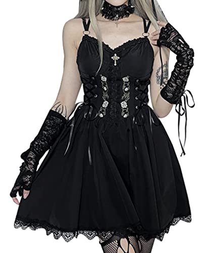 Damen Kleid Schwarz Lange Gothic Goth Dress Stil Bluse Mini-Kleid Kurze Party mit Trägern Spitze und Steampunk-Elementen - L von FEOYA