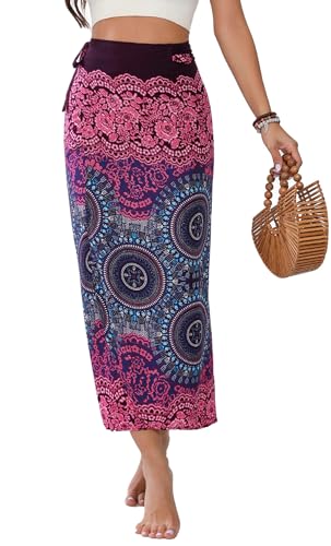 Damen Lang Gedruckter Rock Bohemien Maxirock Verstellbares Riemen Kleid Sommer Strandrock von FEOYA