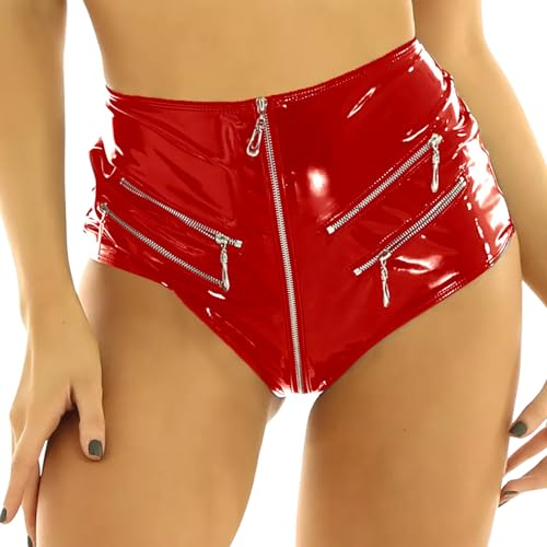 Damen Lederlook Kunstleder Shorts Hotpants mit Reißverschluss Wetlook XL von FEOYA
