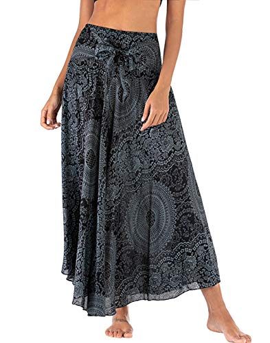 Damen Maxirock Böhmischen Einheitsgröße Lange Rock Floral Elastische Taille Verstellbare Kleid Sommerrock Boho Blumenmuster Strandrock Großer Saum Tanzrock Bauchtanz Bohemien Strandkleider-Schwarz-B von FEOYA