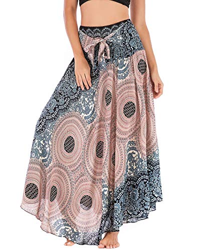 Damen Maxirock Böhmischen Einheitsgröße Lange Rock Floral Elastische Taille Verstellbare Kleid Sommerrock Boho Blumenmuster Strandrock Großer Saum Tanzrock Bauchtanz Bohemien Strandkleider-Beige von FEOYA