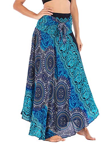 Damen Maxirock Böhmischen Einheitsgröße Lange Rock Floral Elastische Taille Verstellbare Kleid Sommerrock Boho Blumenmuster Strandrock Großer Saum Tanzrock Bauchtanz Bohemien Strandkleider-Blau-A von FEOYA