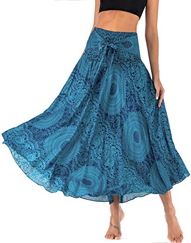 Damen Maxirock Böhmischen Einheitsgröße Lange Rock Floral Elastische Taille Verstellbare Kleid Sommerrock Boho Blumenmuster Strandrock Großer Saum Tanzrock Bauchtanz Bohemien Strandkleider-Blau-B von FEOYA