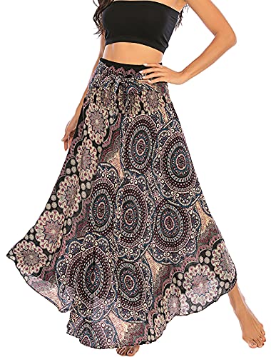 Damen Maxirock Böhmischen Einheitsgröße Lange Rock Floral Rock Elastische Taille Verstellbares Kleid Sommerrock Boho Blumenmuster Strandrock Großer Saum Tanzrock Bauchtanz Bohemien Strandkleider von FEOYA