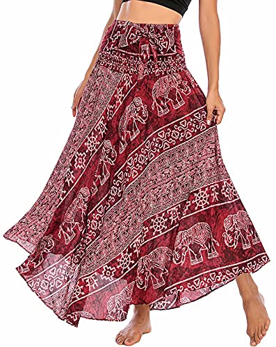 Damen Maxirock Böhmischen Einheitsgröße Lange Rock Floral Rock Elastische Taille Verstellbares Kleid Sommerrock Boho Blumenmuster Strandrock Großer Saum Tanzrock Bauchtanz Bohemien Strandkleider von FEOYA