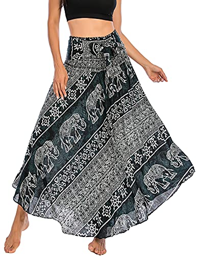 Damen Maxirock Böhmischen Einheitsgröße Lange Rock Floral Rock Elastische Taille Verstellbares Kleid Sommerrock Boho Blumenmuster Strandrock Großer Saum Tanzrock Bauchtanz Bohemien Strandkleider von FEOYA