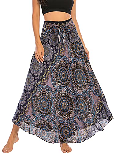 Damen Maxirock Böhmischen Einheitsgröße Lange Rock Floral Rock Elastische Taille Verstellbares Kleid Sommerrock Boho Blumenmuster Strandrock Großer Saum Tanzrock Bauchtanz Bohemien Strandkleider von FEOYA