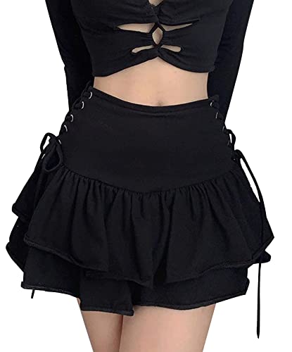 Damen Minirock Sommer kurz Rock mit Gürtel Spitze karo kariert Rüschenrock Punk Gothic Rock Damenrock Mini Stretch Stoff Freizeit - L von FEOYA