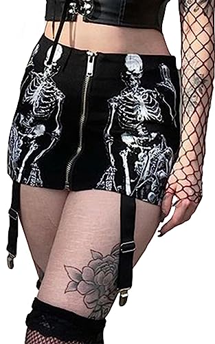 Damen Rock Kariert Mini-Faltenrock Gothic Kleid Hohe Taille Schädelkopf Cosplay Kleid A-Linie zum Schnüren von FEOYA