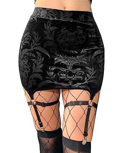 Damen Rock Kariert Mini-Faltenrock Gothic Kleid Hohe Taille Schädelkopf Cosplay Kleid A-Linie zum Schnüren von FEOYA