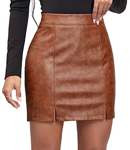 Damen Sexy Hohe Taille Wrap PU Leder Röcke Slim Kunstleder Split Minirock Stretch Skinny Bleistiftröcke - L von FEOYA