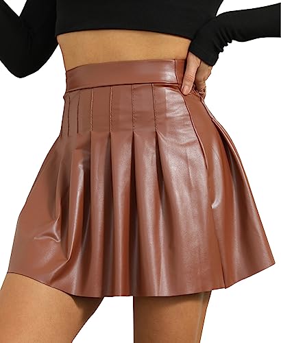 Damen Sexy Wetlook PU Leder High Waist Mini Faltenrock Damen Metallischer Faltenrock Mini Skater Rock XL von FEOYA