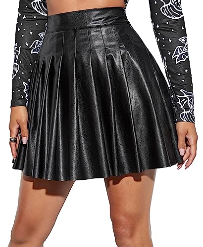 Damen Sexy Wetlook PU Leder High Waist Mini Faltenrock Damen Metallischer Faltenrock Mini Skater Rock XL von FEOYA