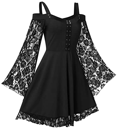 Damen Spitze Gothic Kleid Übergröße Gothic Bandage Kleid Flare Ärmel Spaghettiträger Hexe Vantage Gothic Kleider, Schwarz, 3X-Groß von FEOYA