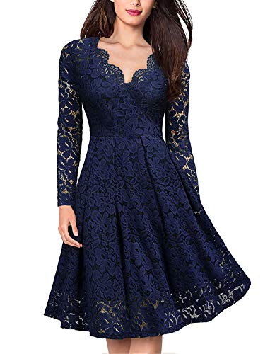 Damen Spitzenkleid Vintage Langarm Cocktailkleid V-Aussicht Sexykleid Elegant Abendkleider A Linie Frauenkleid Knielang Einfarbig Brautjungfernkleid Elastische Taille Ballkleid-Dunkelblau-Größe M von FEOYA