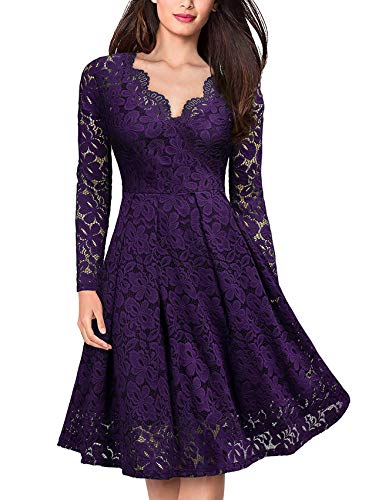 Damen Spitzenkleid Vintage Langarm Cocktailkleid V-Aussicht Sexykleider Elegant Abendkleider A Linie Frauenkleid Knielang Einfarbig Brautjungfernkleid Elastische Taille Ballkleid-Violett-Größe L von FEOYA