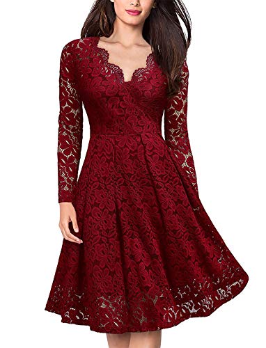 Damen Spitzenkleid Vintage Langarm Cocktailkleid V-Aussicht Sexykleider Elegant Abendkleider A Linie Frauenkleid Knielang Einfarbig Brautjungfernkleid Elastische Taille Ballkleid-Weinrot-Größe XL von FEOYA