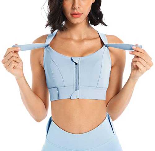 Damen Sport BH Starker Halt Frontreißverschluss Push Up Ringerrücken Feste Brustpolster Fitness BH für Yoga Joggen Sport Bras BHS Ohne Bügel Verstellbare Träger - L von FEOYA