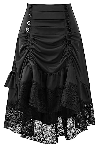 Damen Steampunk Rock High-Low Saum Spitze mit Gürtel Mittelalter Midi Rock High Low Chiffon Rock Punk Kleidung - M von FEOYA